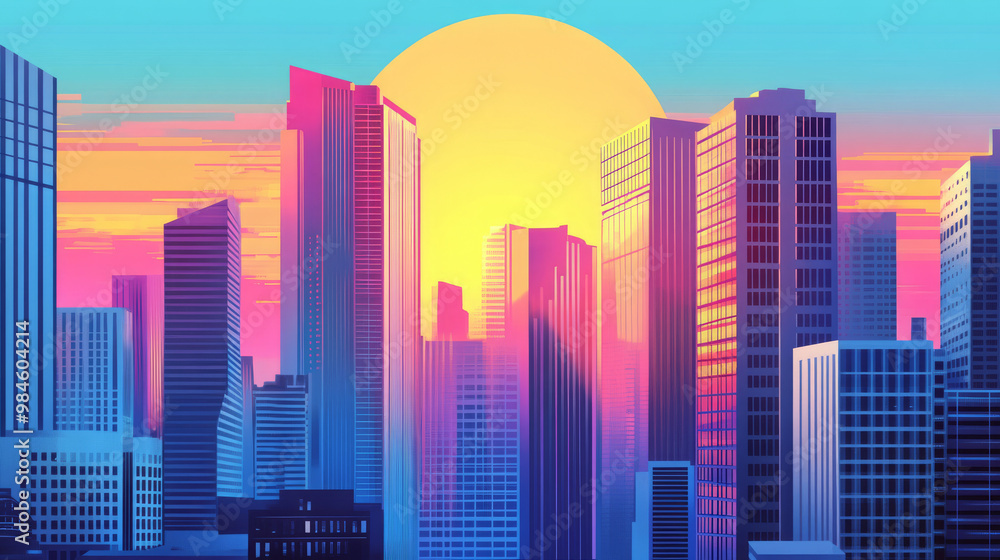 Sunset or sunrise Modern city skyscrapers panorama of tall buildings, urban background. Pop art retro vector illustration comic caricature 50s 60s style vintage kitsch Sunset or sunrise Modern city skyscrapers panorama of tall buildings, urban background. Pop art retro vector illustration comic caricature 50s 60s style vintage kitsch
