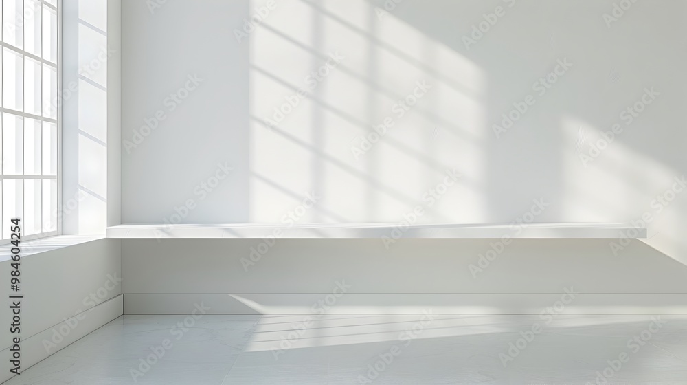 Minimalist White Shelf in Bright Airy Room for Modern Product Displays and Presentations Minimalist White Shelf in Bright Airy Room for Modern Product Displays and Presentations