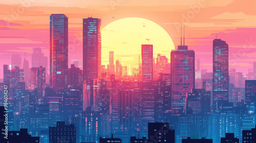 Sunset or sunrise Modern city skyscrapers panorama of tall buildings, urban background. Pop art retro vector illustration comic caricature 50s 60s style vintage kitsch