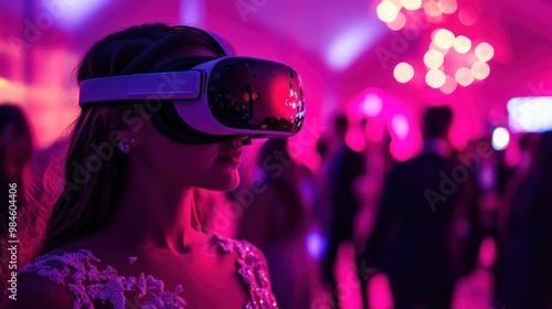 Woman Experiencing Virtual Reality at a Party