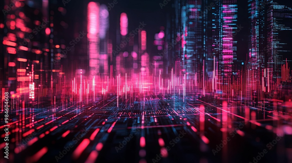 Abstract Cityscape with Neon Lights and Digital Grid Pattern Abstract Cityscape with Neon Lights and Digital Grid Pattern