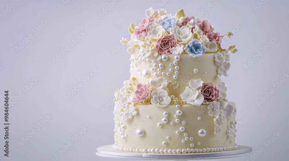 A two-tiered anniversary cake decorated with edible pearls and flowers, placed on a white background to focus on the craftsmanship A two-tiered anniversary cake decorated with edible pearls and flowers, placed on a white background to focus on the craftsmanship