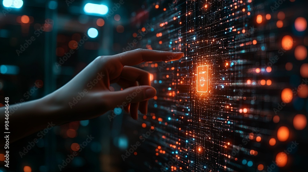Hand Interacting with Digital Interface of a Smartphone Icon on a Screen with Network Lines and Lights Hand Interacting with Digital Interface of a Smartphone Icon on a Screen with Network Lines and Lights