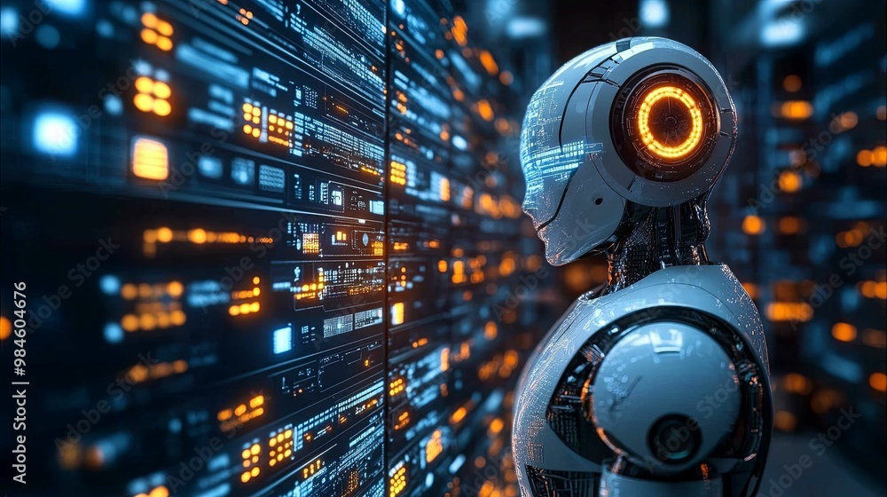 A futuristic robotic head looking at a wall of data A futuristic robotic head looking at a wall of data