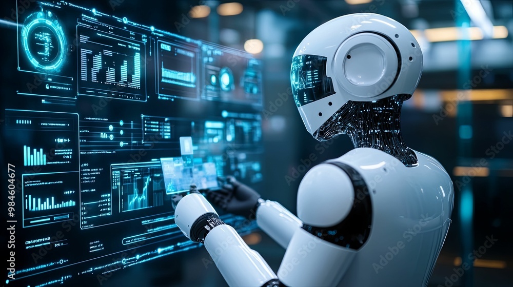 White Robot Interacting with a Digital Interface White Robot Interacting with a Digital Interface