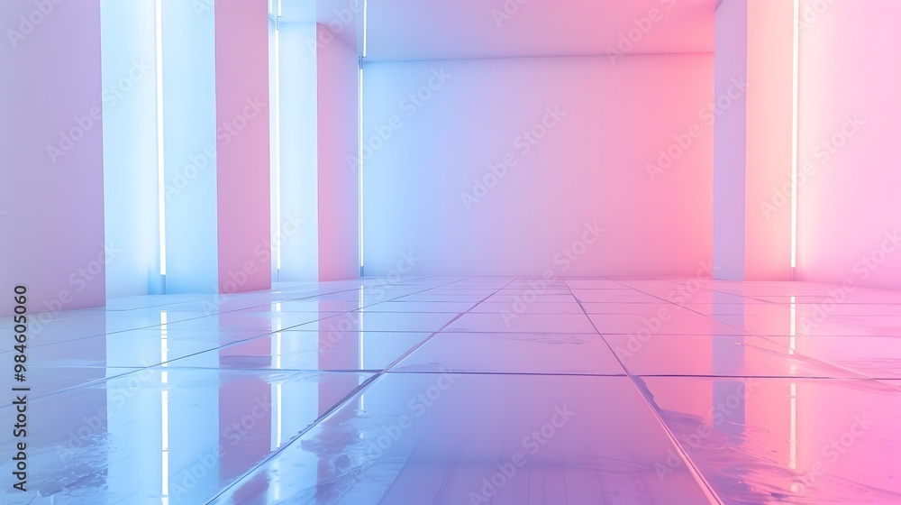 Sleek and Reflective Neon Lit Room for Trendy Tech Gadget Presentation Sleek and Reflective Neon Lit Room for Trendy Tech Gadget Presentation