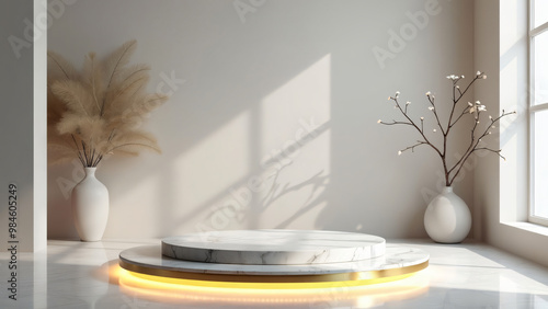 Minimal marble podium in empty space, gifts and tree, for product presentation with copy space photo