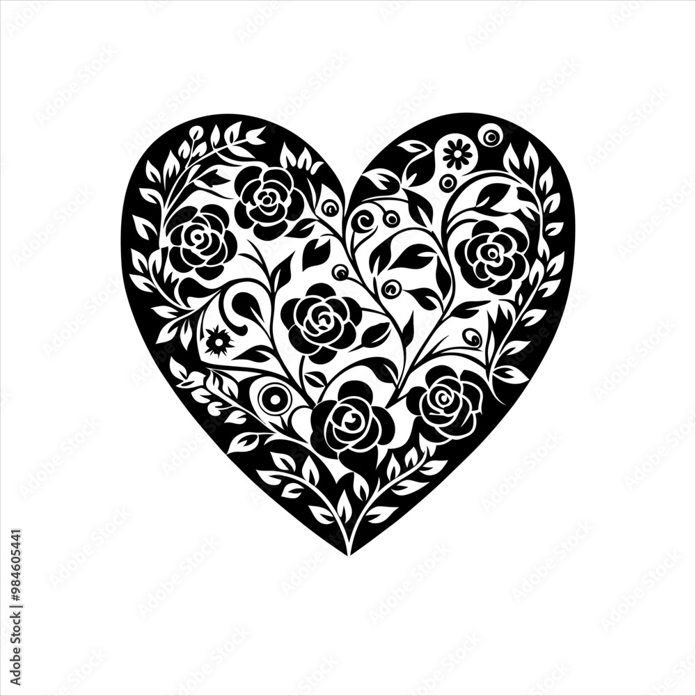 Design a heart shape intricately filled with floral patterns, such as roses, leaves, and vines, perfect for wedding invitations or romantic-themed branding. Design a heart shape intricately filled with floral patterns, such as roses, leaves, and vines, perfect for wedding invitations or romantic-themed branding.