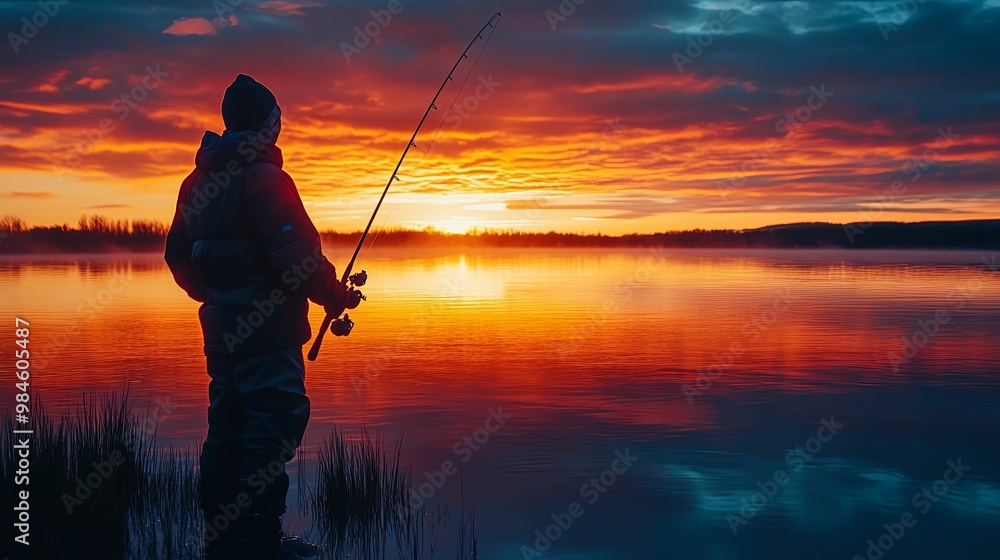 Silhouette of a Fisherman Casting a Line at Sunset Over a Lake Silhouette of a Fisherman Casting a Line at Sunset Over a Lake