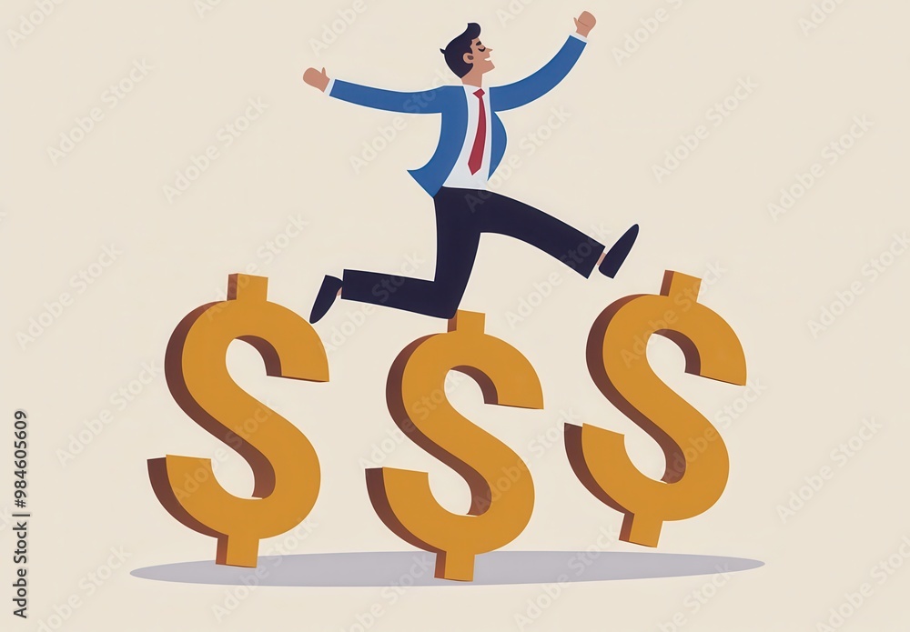 A cheerful businessman jumps joyfully atop large dollar signs, symbolizing success, finance, and prosperity. A cheerful businessman jumps joyfully atop large dollar signs, symbolizing success, finance, and prosperity.
