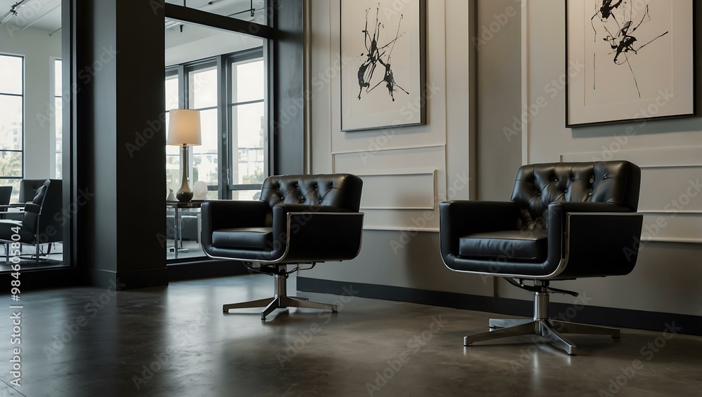 Three black tufted salon chairs with chrome bases, arranged in a row. Three black tufted salon chairs with chrome bases, arranged in a row.