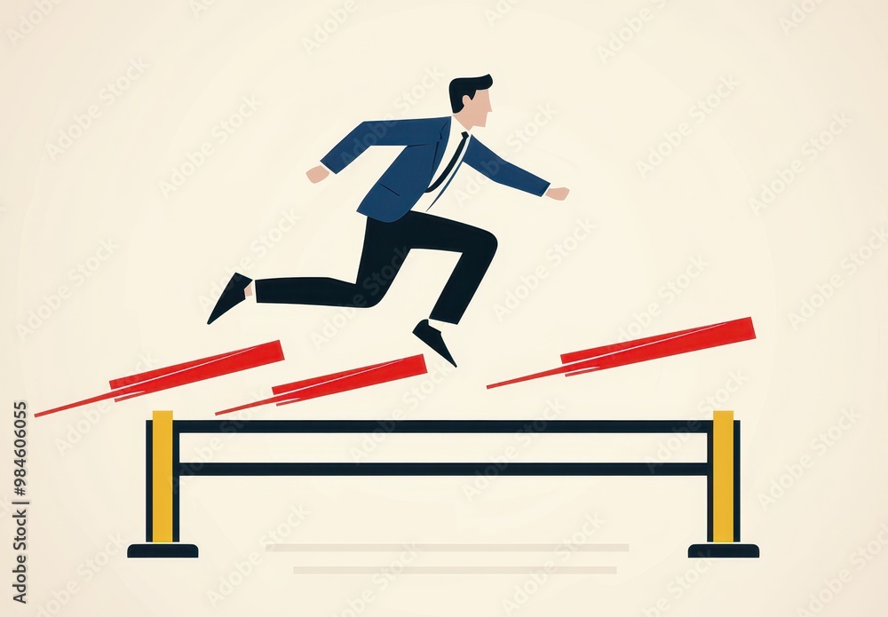 A businessman leaps over hurdles, symbolizing challenges and perseverance in a dynamic, minimalist illustration. A businessman leaps over hurdles, symbolizing challenges and perseverance in a dynamic, minimalist illustration.