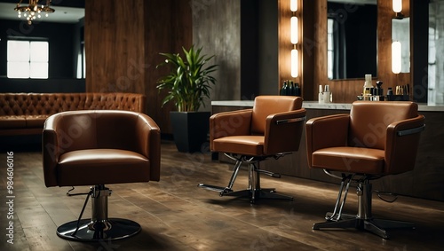 Three modern brown leather salon chairs in a stylish interior.