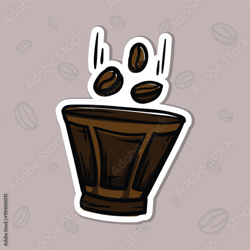Simple vector illustration of a filter for a coffee machine and coffee beans. Hand drawn illustration for sticker, emblem, label, price tag. Colored casual icon for the design of a cafe, restaurant