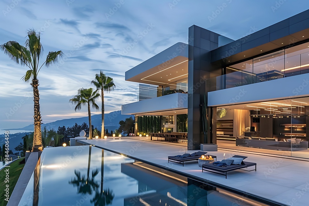 Fototapeta premium Exterior of modern villa, view from the pool