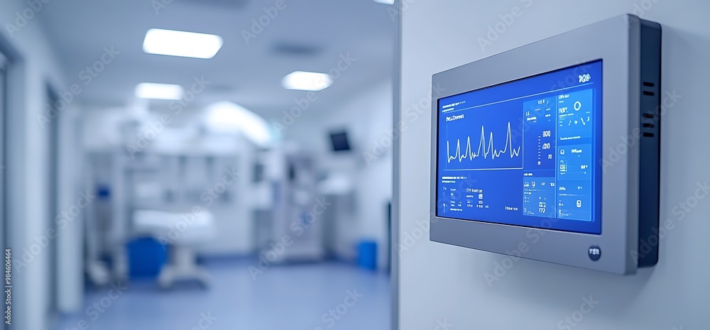 Hospital room with a medical monitor displaying a heart rate. Hospital room with a medical monitor displaying a heart rate.