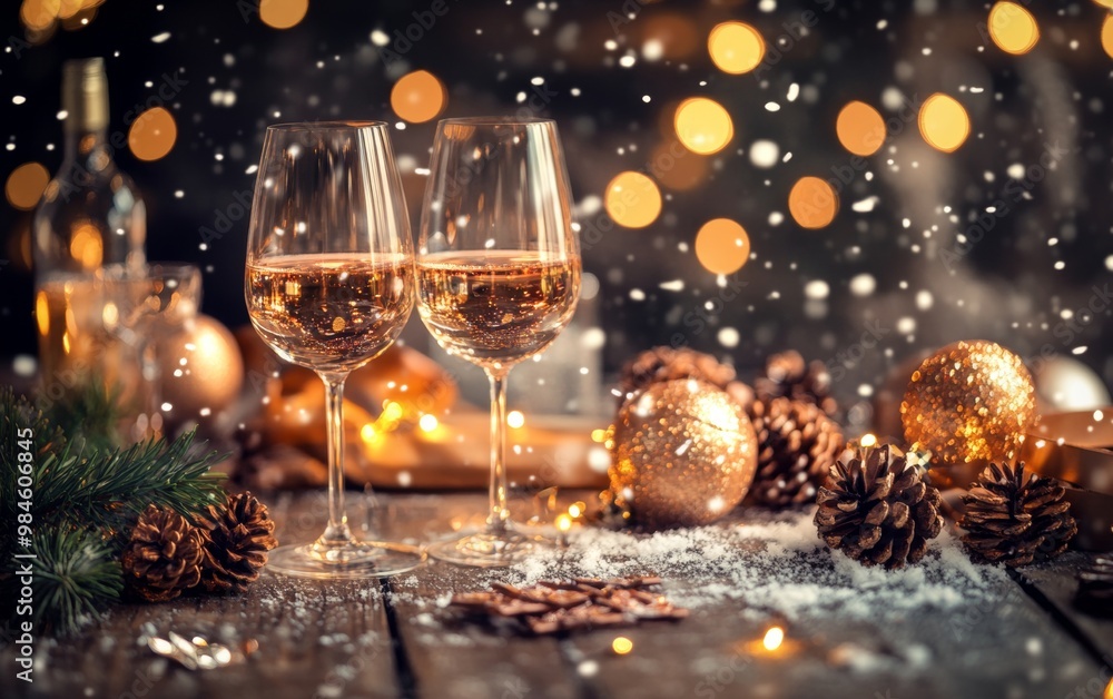 Champagne glasses filled with sparkling wine on snow with bokeh lights in the background, symbolizing festive celebration. Merry Christmas and Happy New Year. Champagne glasses filled with sparkling wine on snow with bokeh lights in the background, symbolizing festive celebration. Merry Christmas and Happy New Year.