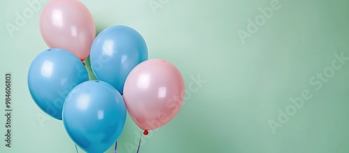 Blue and pink balloons against a light green background, with space for cheerful birthday wishes.