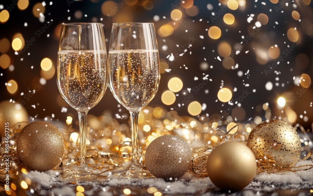 Champagne glasses filled with sparkling wine on snow with bokeh lights in the background, symbolizing festive celebration. Merry Christmas and Happy New Year. Champagne glasses filled with sparkling wine on snow with bokeh lights in the background, symbolizing festive celebration. Merry Christmas and Happy New Year.