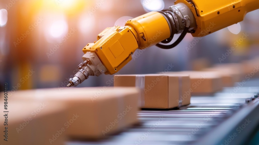 Robotic arm inspecting a product on a factory conveyor belt, automated quality control, advanced manufacturing Robotic arm inspecting a product on a factory conveyor belt, automated quality control, advanced manufacturing