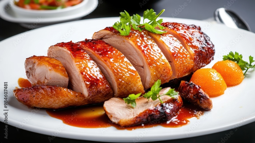 Beautifully Plated Glazed Pork Dish with Garnishes on Table Setting Beautifully Plated Glazed Pork Dish with Garnishes on Table Setting