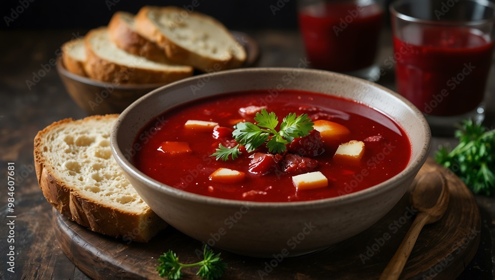 Traditional Russian borscht with cream and bread. Traditional Russian borscht with cream and bread.