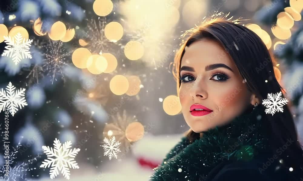 Woman with long brown hair, wearing a black coat and scarf, gazing intently at the camera, surrounded by falling snowflakes in a serene winter wonderland. Woman with long brown hair, wearing a black coat and scarf, gazing intently at the camera, surrounded by falling snowflakes in a serene winter wonderland.