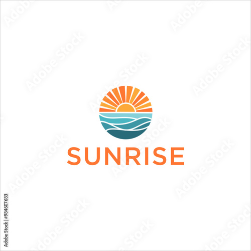 Morning Sunrise beach logo Landscape design. Summer Wave sun Logo. Tropical And Sea Sun Logo Element. sunset and sunrise concept symbol