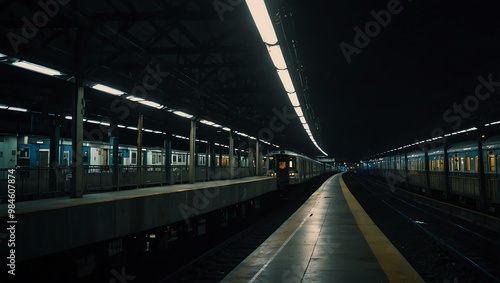 Train arriving at a station at night, powered by electricity.