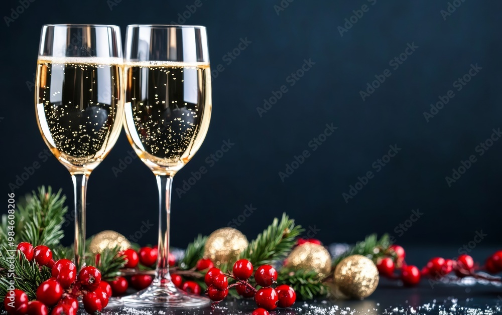 Champagne glasses filled with sparkling wine on snow with bokeh lights in the background, symbolizing festive celebration. Merry Christmas and Happy New Year. Champagne glasses filled with sparkling wine on snow with bokeh lights in the background, symbolizing festive celebration. Merry Christmas and Happy New Year.