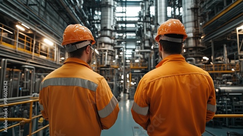 Two Industrial Workers in Orange Jumpsuits and Hard Hats Standing in a Factory