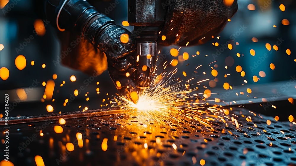 Close-up of a welding torch cutting metal with sparks flying Close-up of a welding torch cutting metal with sparks flying