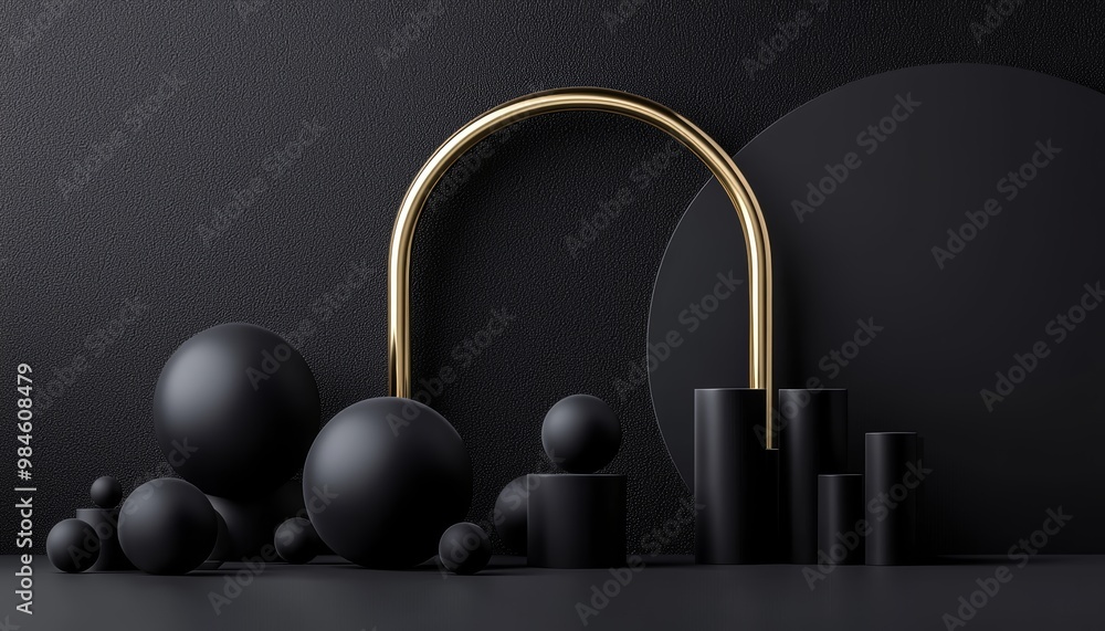 An abstract scene with black spheres and cylinders, contrasted by a golden arch, exuding an air of sophistication and elegance. An abstract scene with black spheres and cylinders, contrasted by a golden arch, exuding an air of sophistication and elegance.