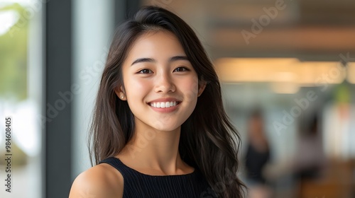 A Young Woman with Long Black Hair Smiling and Looking at the Camera