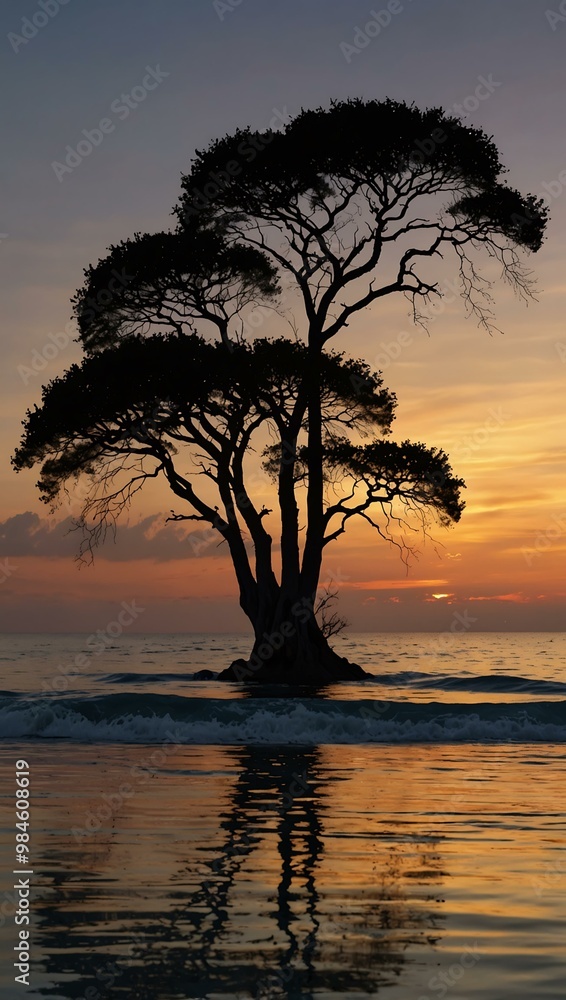 Tranquil sunset over the ocean with silhouetted trees and calm waves. Tranquil sunset over the ocean with silhouetted trees and calm waves.