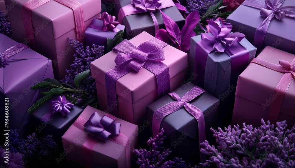 An arrangement of lavender and deep purple presents with ribbon bows, reflecting luxury and thoughtfulness. An arrangement of lavender and deep purple presents with ribbon bows, reflecting luxury and thoughtfulness.