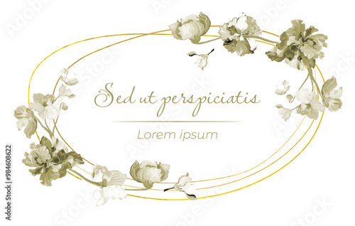 Monochrome flowers are put on a circular frame on a white background. The frame is made from a thin golden line of African flowers. Vintage floral frame for any design ideas.