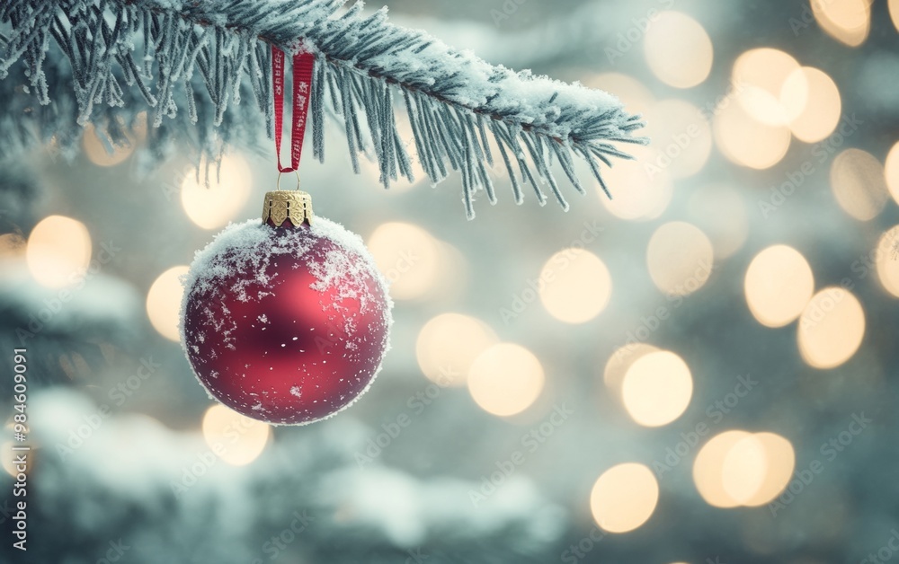 Red Christmas ornament hanging from a snow-covered tree branch, sparkling against a bright winter background. Happy New Year. Red Christmas ornament hanging from a snow-covered tree branch, sparkling against a bright winter background. Happy New Year.
