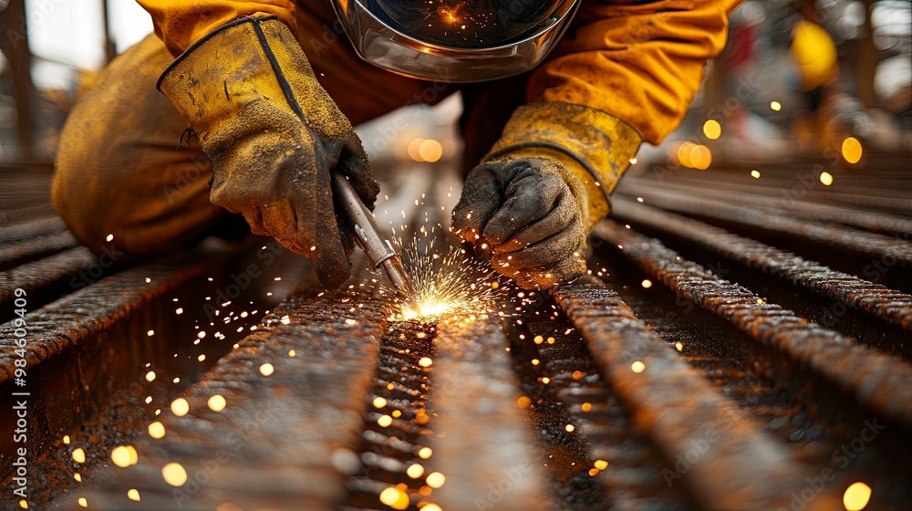 Welder in Yellow Suit Using Torch on Metal Beams Welder in Yellow Suit Using Torch on Metal Beams