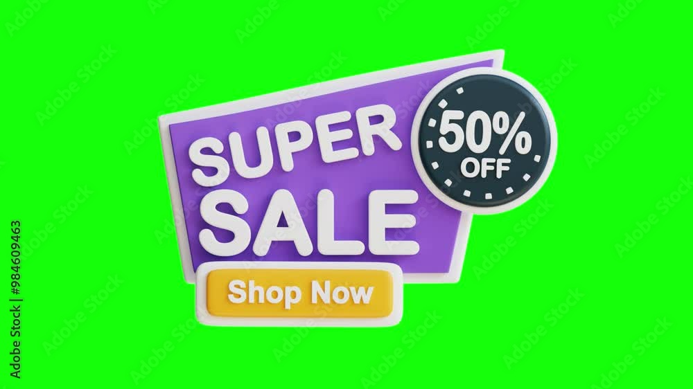 3D Greenscreen Video Animation Purple and white sign for Super Sale with 50% off circle, suitable for promoting promotional sales and discounts online or instore. 3D Greenscreen Video Animation Purple and white sign for Super Sale with 50% off circle, suitable for promoting promotional sales and discounts online or instore.