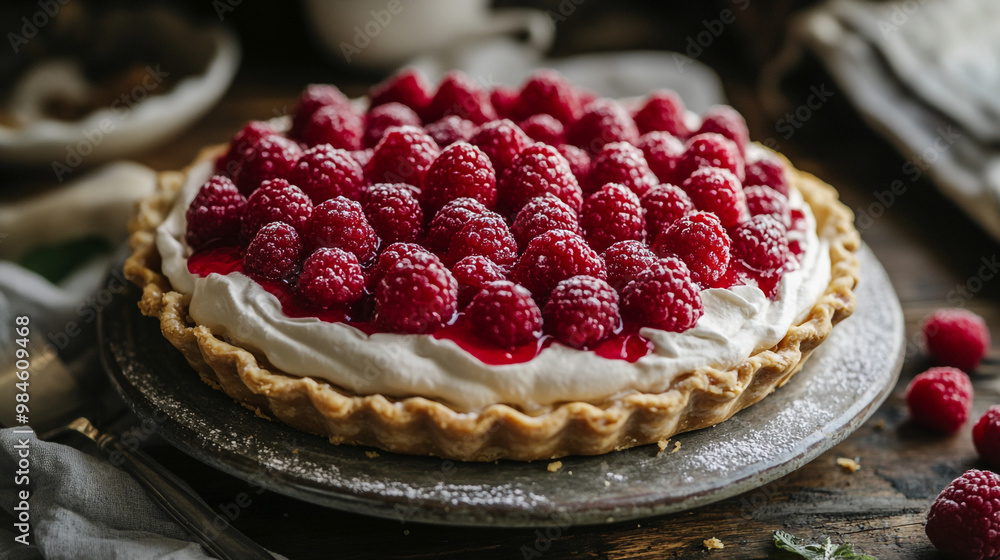 Celebrate National Dessert Day with a raspberry cream pie slice served on a blue plate Celebrate National Dessert Day with a raspberry cream pie slice served on a blue plate