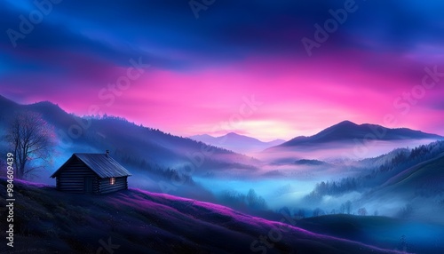 An enchanting sunrise over a lush valley, with a quaint cabin nestled among the hills, symbolizing tranquility.