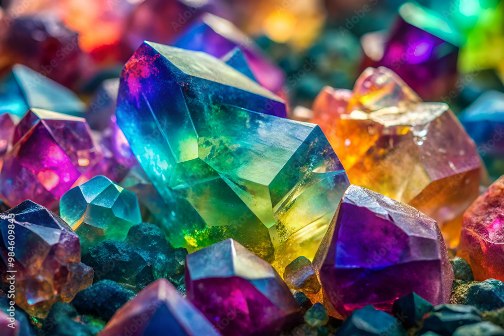 A collection of colorful gemstones, including amethyst, aquamarine, and citrine, are scattered on a rocky surface. The stones are of various shapes and sizes, creating a visually striking A collection of colorful gemstones, including amethyst, aquamarine, and citrine, are scattered on a rocky surface. The stones are of various shapes and sizes, creating a visually striking