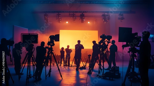 commercial video film movie making lighting set professional studio production big working people silhouette scenes behind television camera motion picture equipment crew photo light