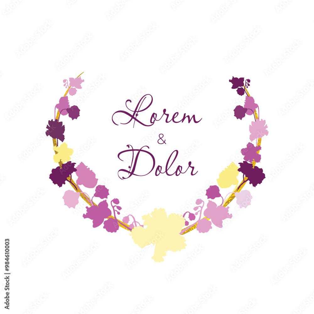 Isolated U-shaped wreath with African violets. Plant part silhouettes are placed over a golden frame on a white background. Hand-drawn parts of the Streptocarpus or African violet plants. Isolated U-shaped wreath with African violets. Plant part silhouettes are placed over a golden frame on a white background. Hand-drawn parts of the Streptocarpus or African violet plants.
