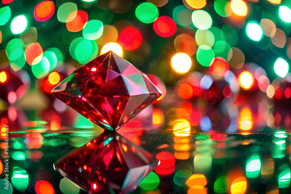 A red diamond is on a table with a green and red background. The diamond is the main focus of the image, and the colors of the background create a festive and lively atmosphere A red diamond is on a table with a green and red background. The diamond is the main focus of the image, and the colors of the background create a festive and lively atmosphere