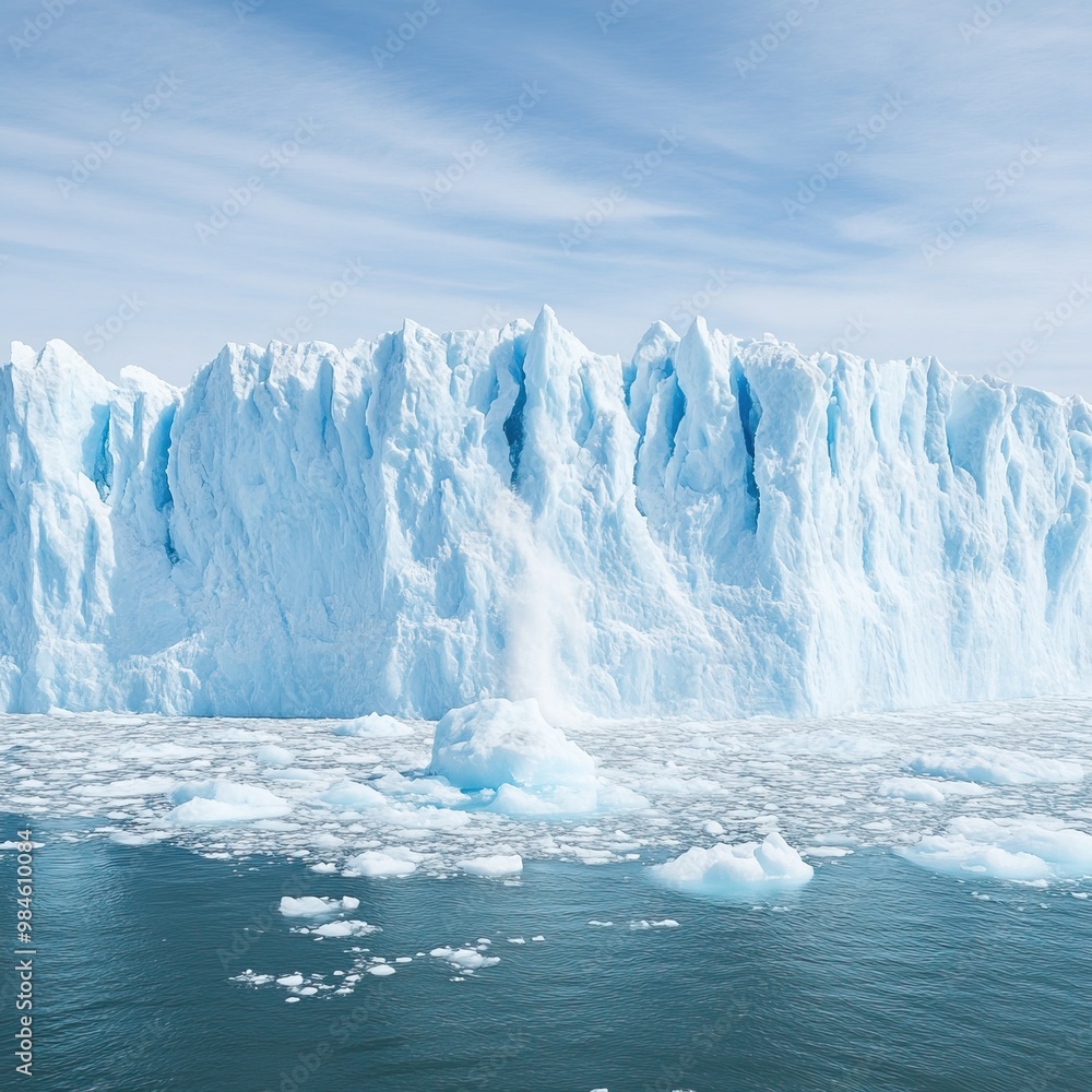 A stunning view of a massive glacier calving into the ocean, showcasing the beauty and power of nature in a serene, icy landscape. A stunning view of a massive glacier calving into the ocean, showcasing the beauty and power of nature in a serene, icy landscape.