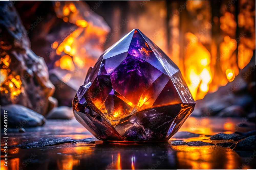 A purple crystal is sitting on a rock in front of a fire. The fire is orange and the crystal is reflecting the light. Scene is warm and inviting A purple crystal is sitting on a rock in front of a fire. The fire is orange and the crystal is reflecting the light. Scene is warm and inviting