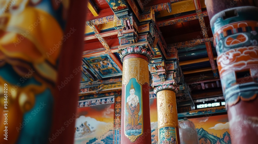 Fototapeta premium A finely detailed mural inside a Ladakhi monastery, depicting scenes from the life of Buddha with vibrant colors