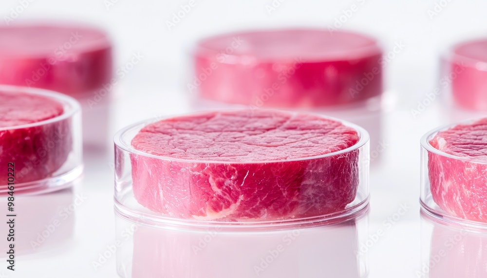Cultured meat on display in a petri dish, representing alternative protein sources in biotechnology research. Cultured meat on display in a petri dish, representing alternative protein sources in biotechnology research.